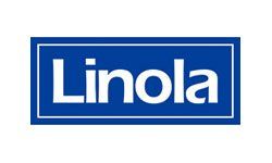 Linola-Logo in weißen Buchstaben auf blauem Rechteck mit weißem Rand.