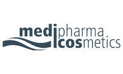 Medipharma Cosmetics Logo mit Text und blauen Wellenlinien.