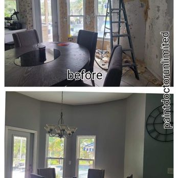 Before and after photos of a dining room renovation, including wall repair, paint, and new decor.
