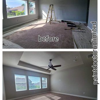 Top: Room with carpet, windows, and ladder (