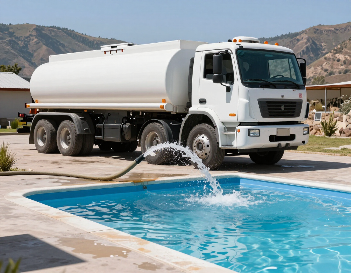Un camión cisterna blanco llenando una piscina en un patio trasero, con agua rociándose