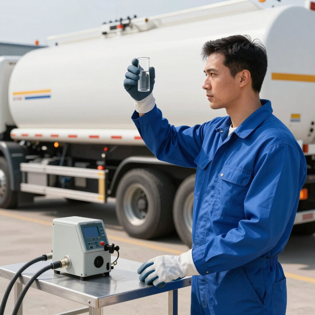 Técnico con mono azul inspeccionando equipos junto a un camión cisterna en un patio de servicio.