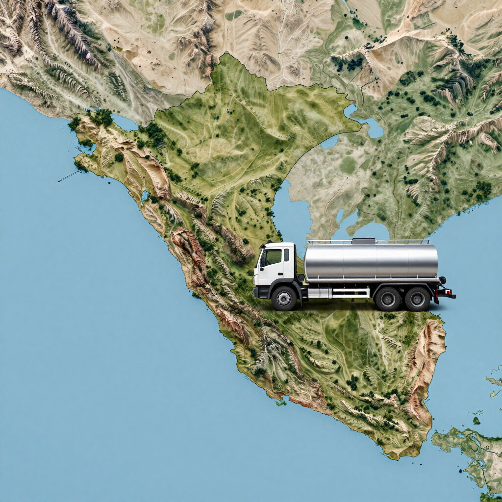 Camión cisterna blanco sobre un mapa de México y el suroeste de Estados Unidos, que sugiere transporte o logística.