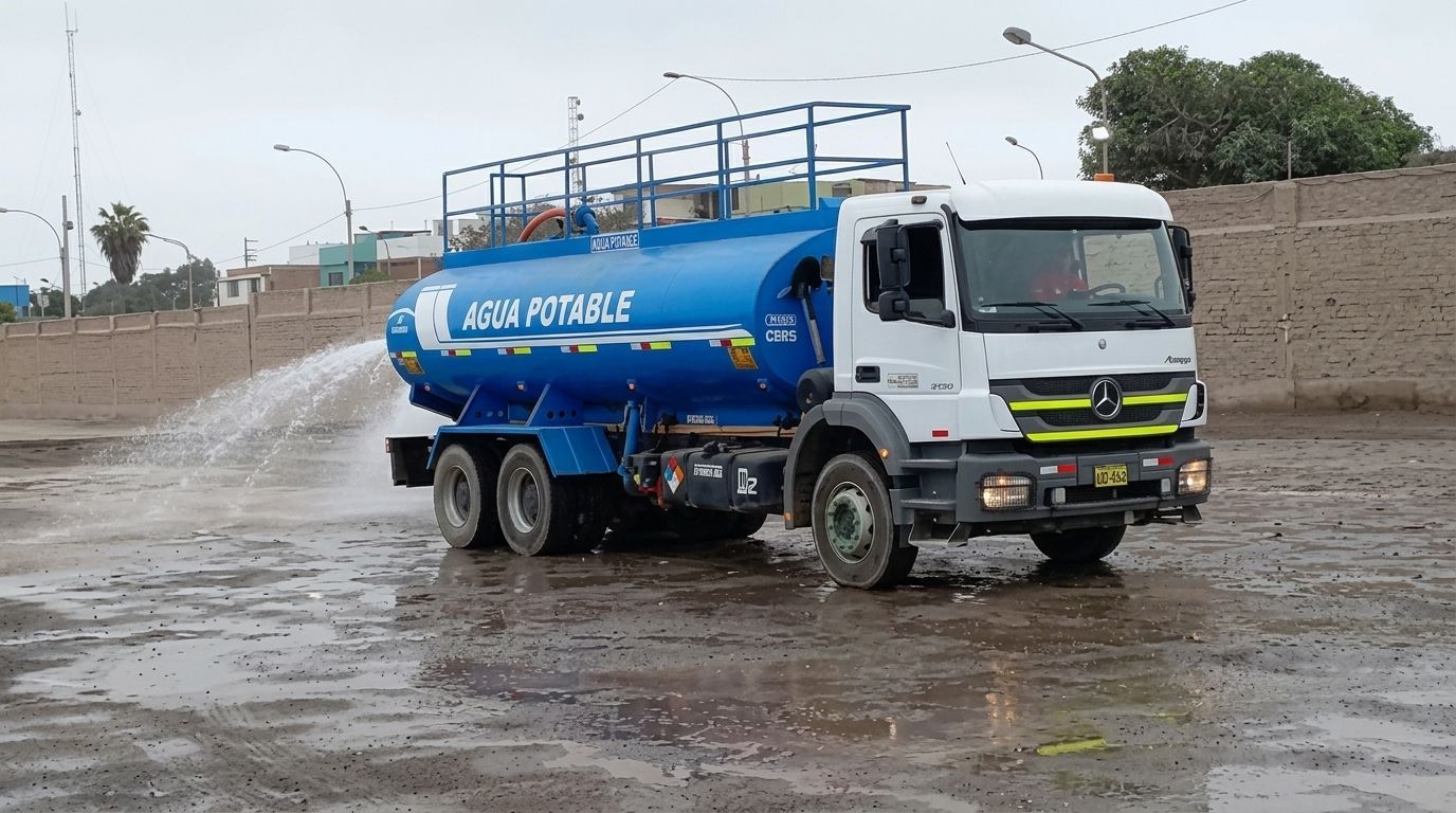 Un camión cisterna azul circula por un camino embarrado cerca de un muro de ladrillos y árboles.