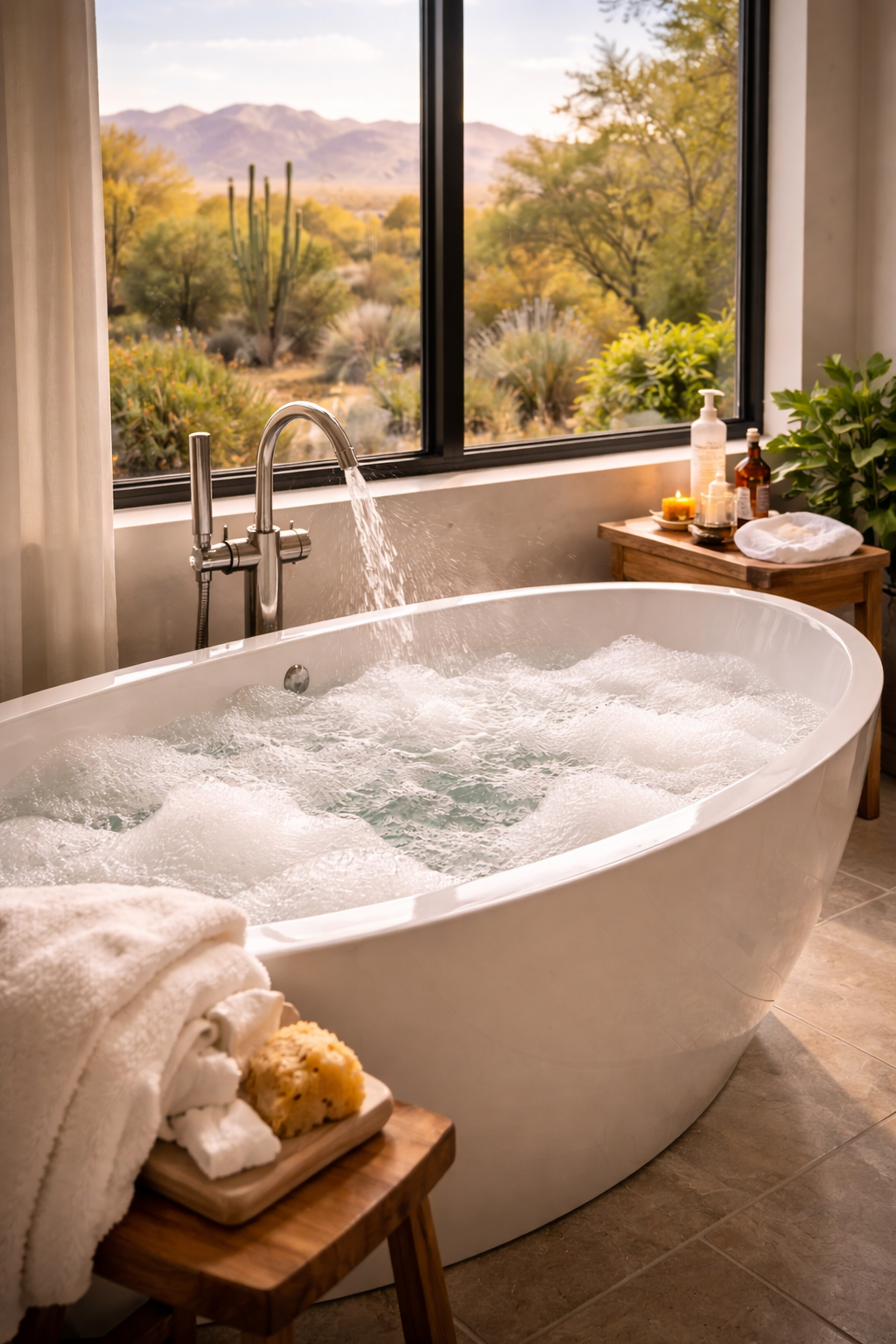 A freestanding bathtub filled with bubbly water, placed by a window overlooking a desert landscape with cacti.
