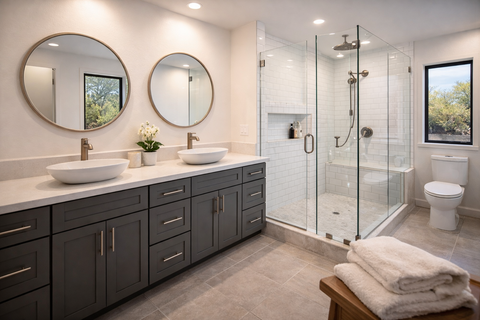 A modern bathroom with dark gray double vanities, white vessel sinks, round mirrors, and a glass-enclosed walk-in shower.
