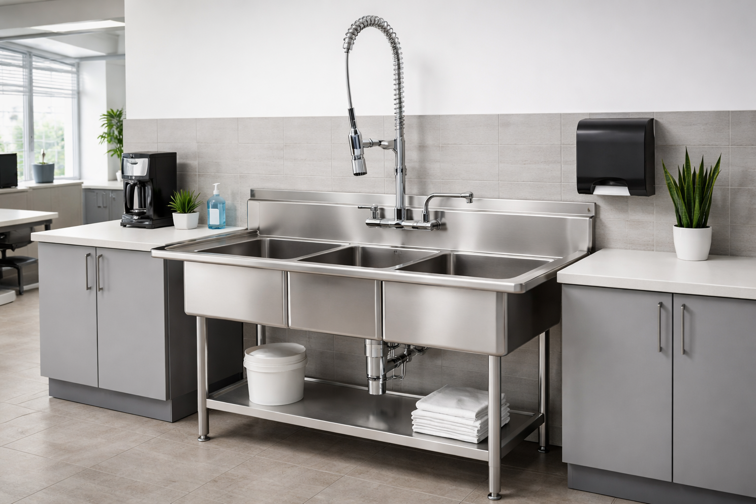 A three-compartment stainless steel commercial sink with a tall pull-down faucet, set between two gray cabinets.