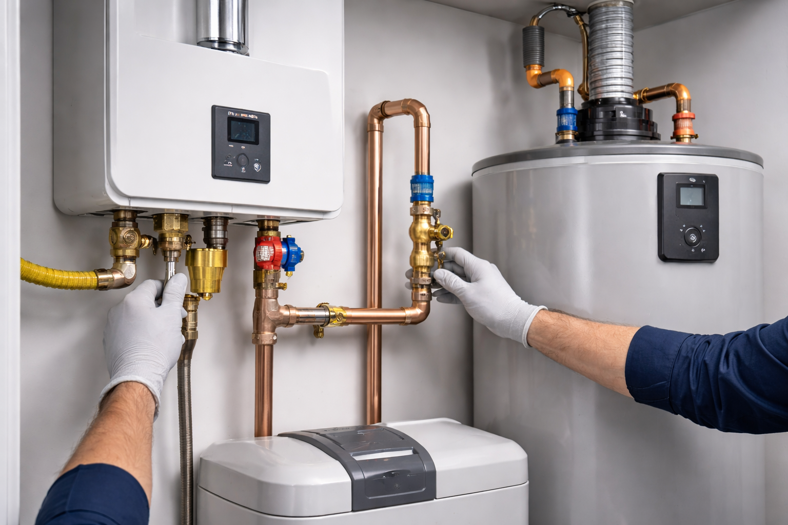 Hands in white gloves adjust copper pipes connecting a tankless water heater and a large water tank unit.