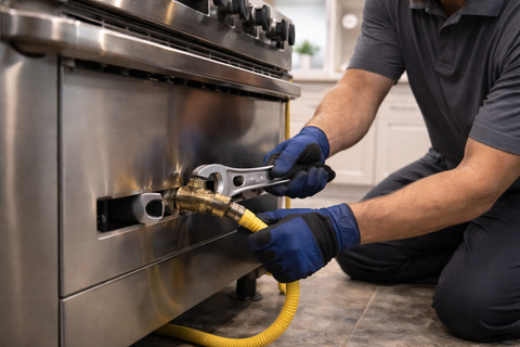 A person wearing blue gloves uses a wrench to tighten a yellow gas line connection on a stainless steel stove.