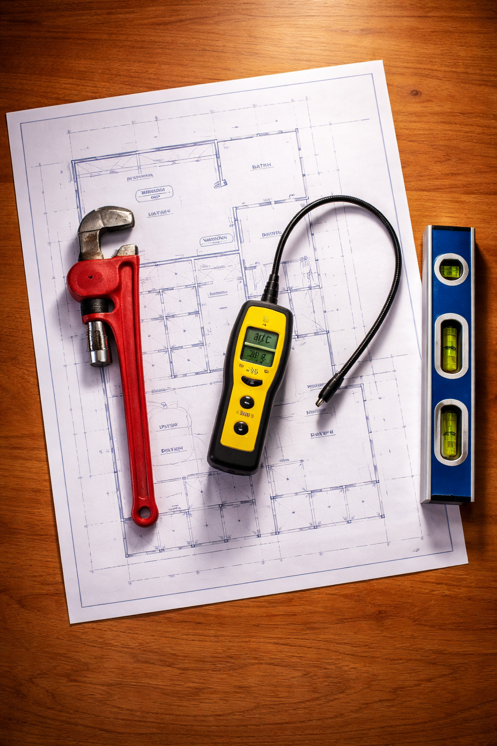 A red pipe wrench, a yellow electronic gas detector, and a blue level sit on top of floor plans on a wooden surface.