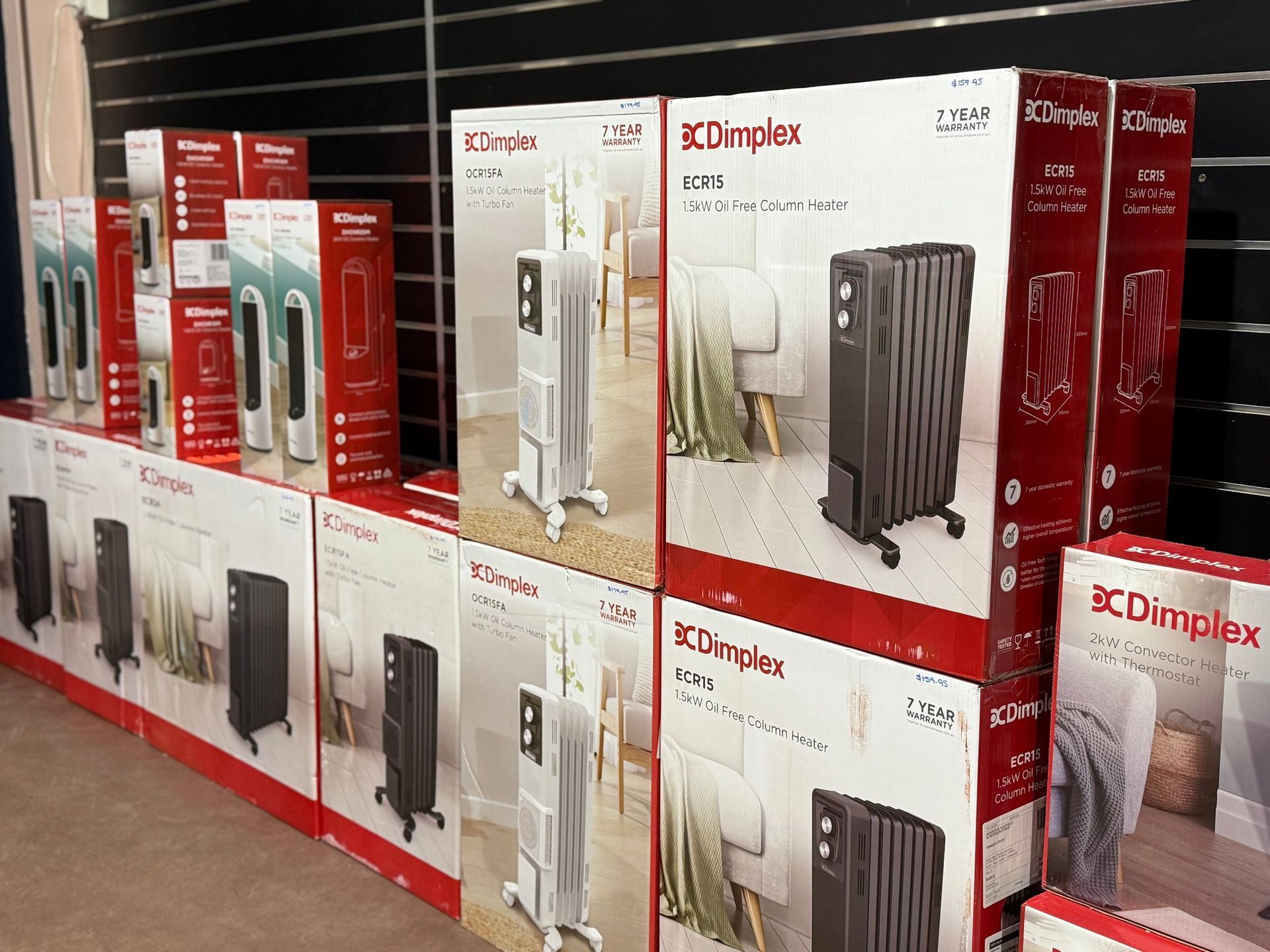 A display of packaged Dimplex Oil-Filled Radiators — Enterprise Electrics NT Pty Ltd in Tennant Creek, NT