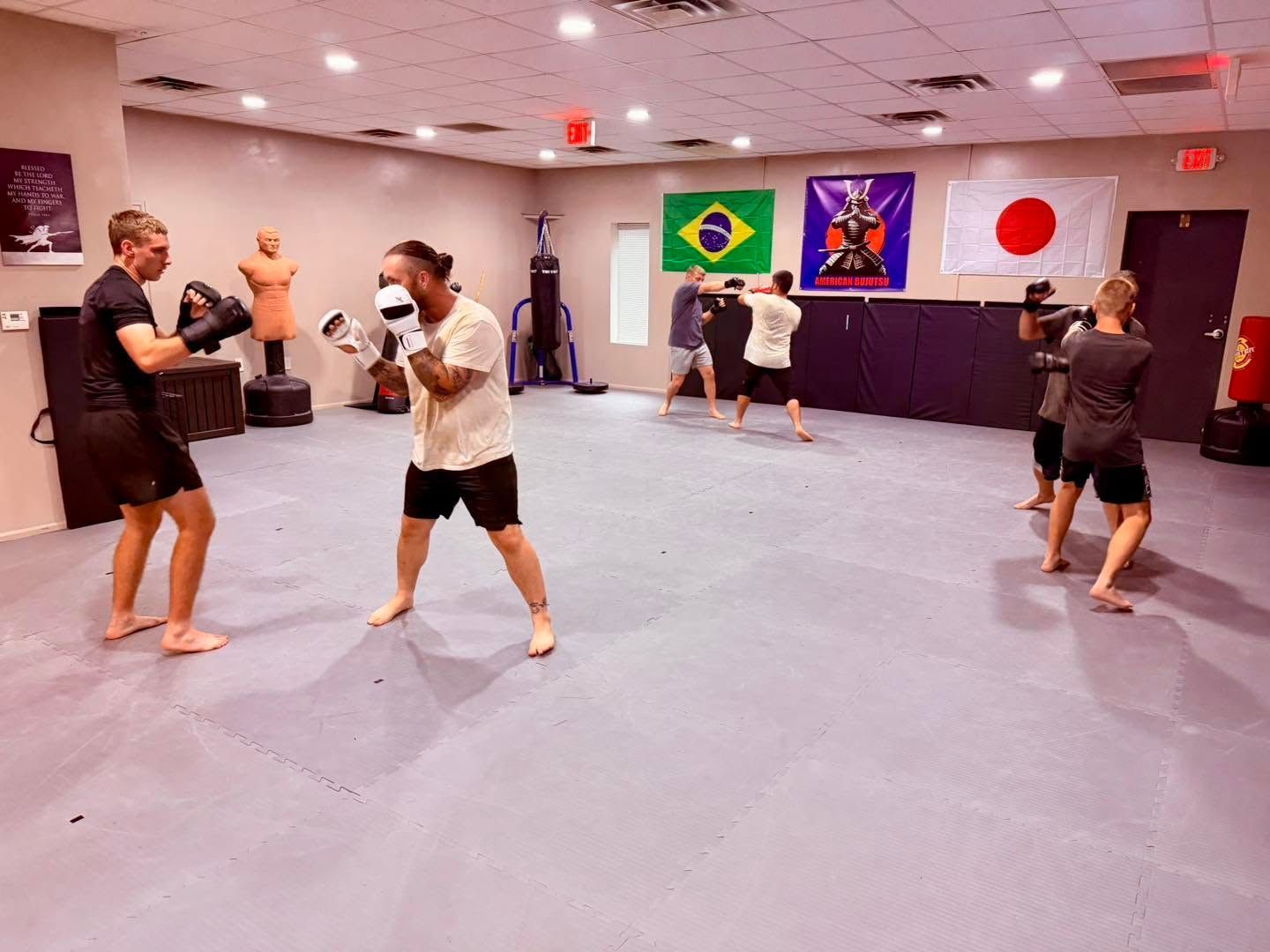 Martial arts class practicing punches in a gym with Brazilian and Japanese flags on the wall