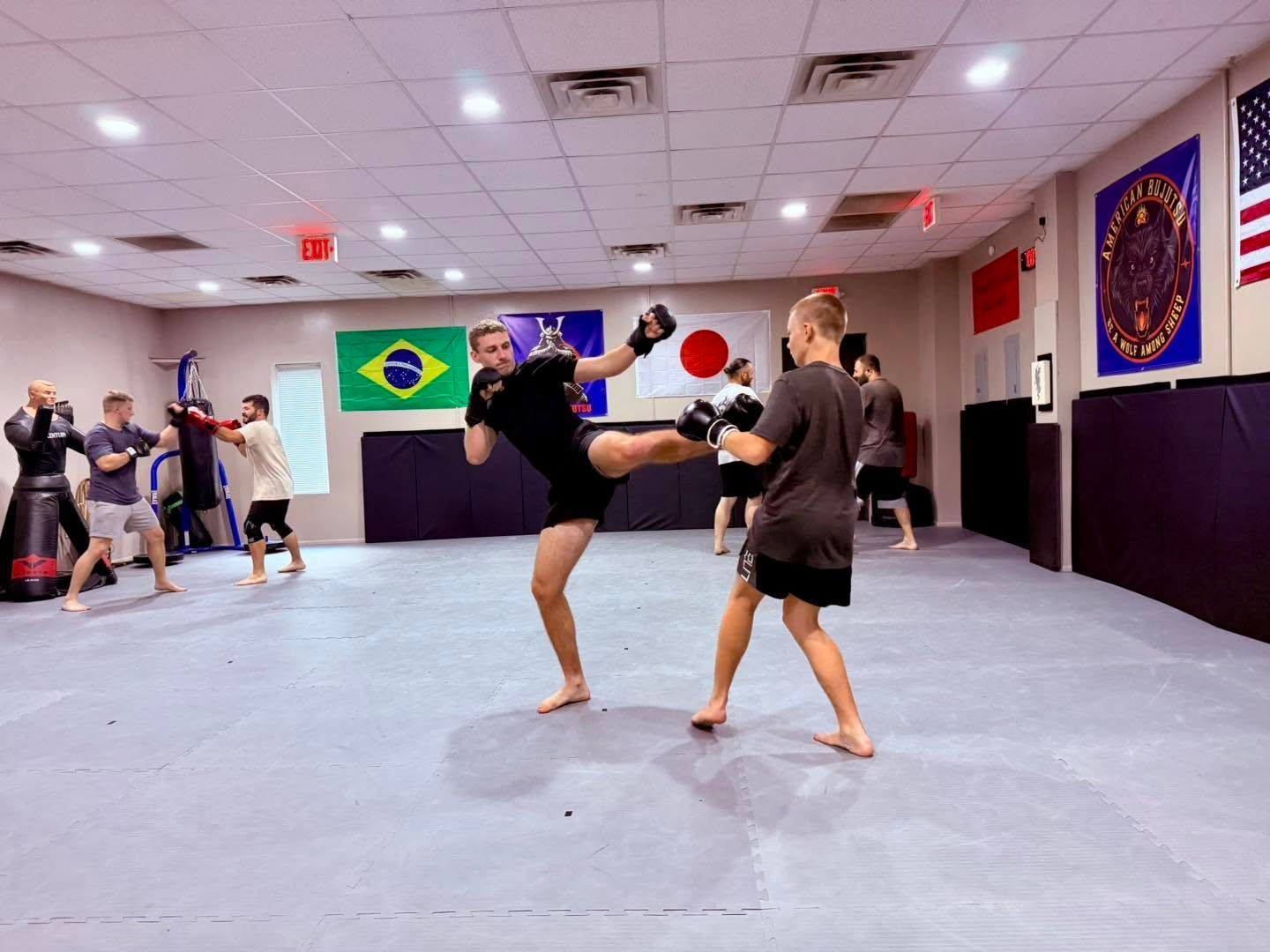 Two martial artists spar in a training studio with flags on the wall and spectators nearby.