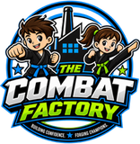Logo for The Combat Factory with two cartoon martial artists in blue and green uniforms in front of a factory tower.