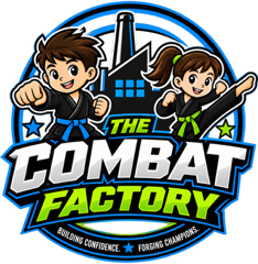 Logo for The Combat Factory with two cartoon martial artists in blue and green uniforms in front of a factory tower.