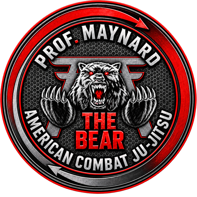 Circular black-and-red logo for Prof. Maynard’s American Combat Ju-Jitsu, featuring a roaring bear head and “THE BEAR” text