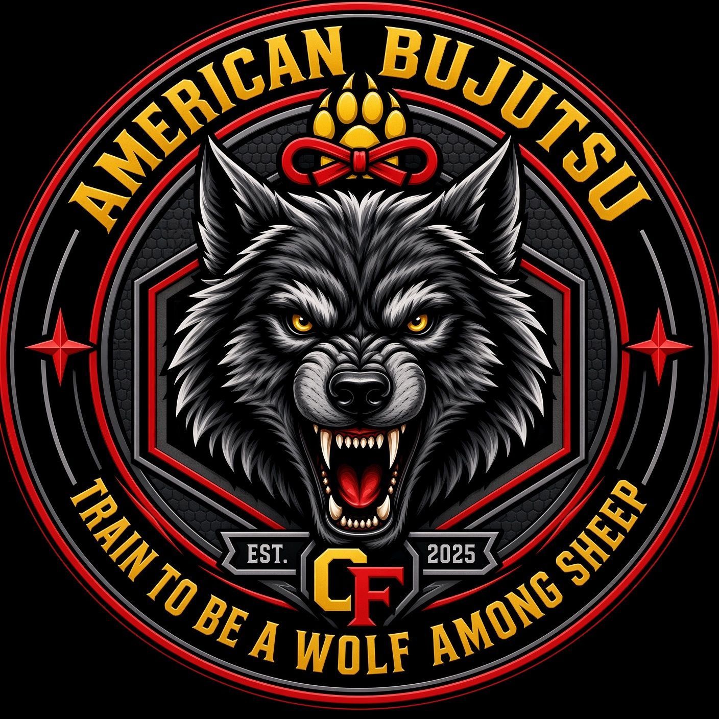 American Bully club logo with snarling wolf, red and black emblem, “Train to Be a Wolf Among Sheep” text