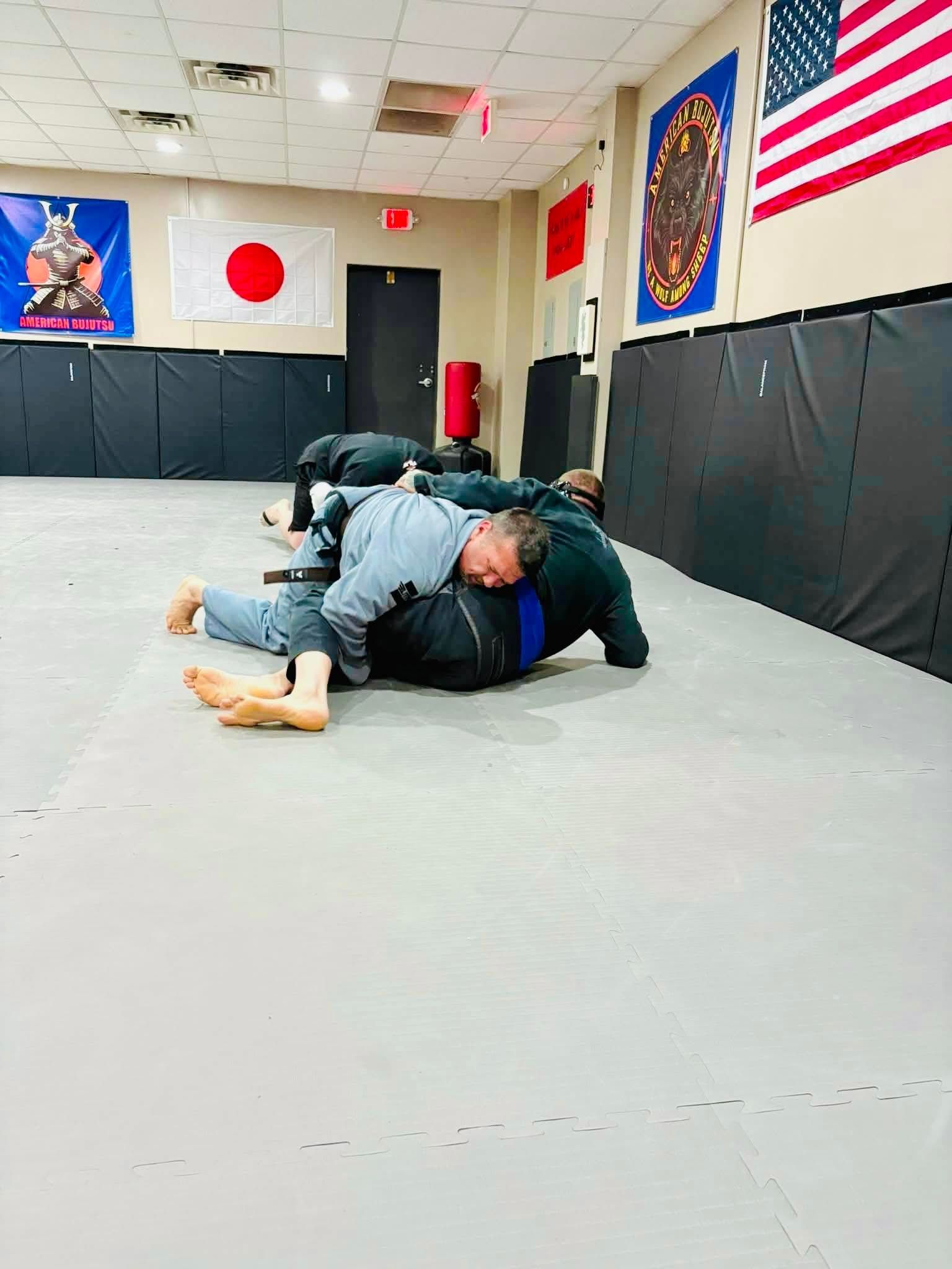 Two people grappling on a mat in a martial arts gym with padded walls and flags on the wall
