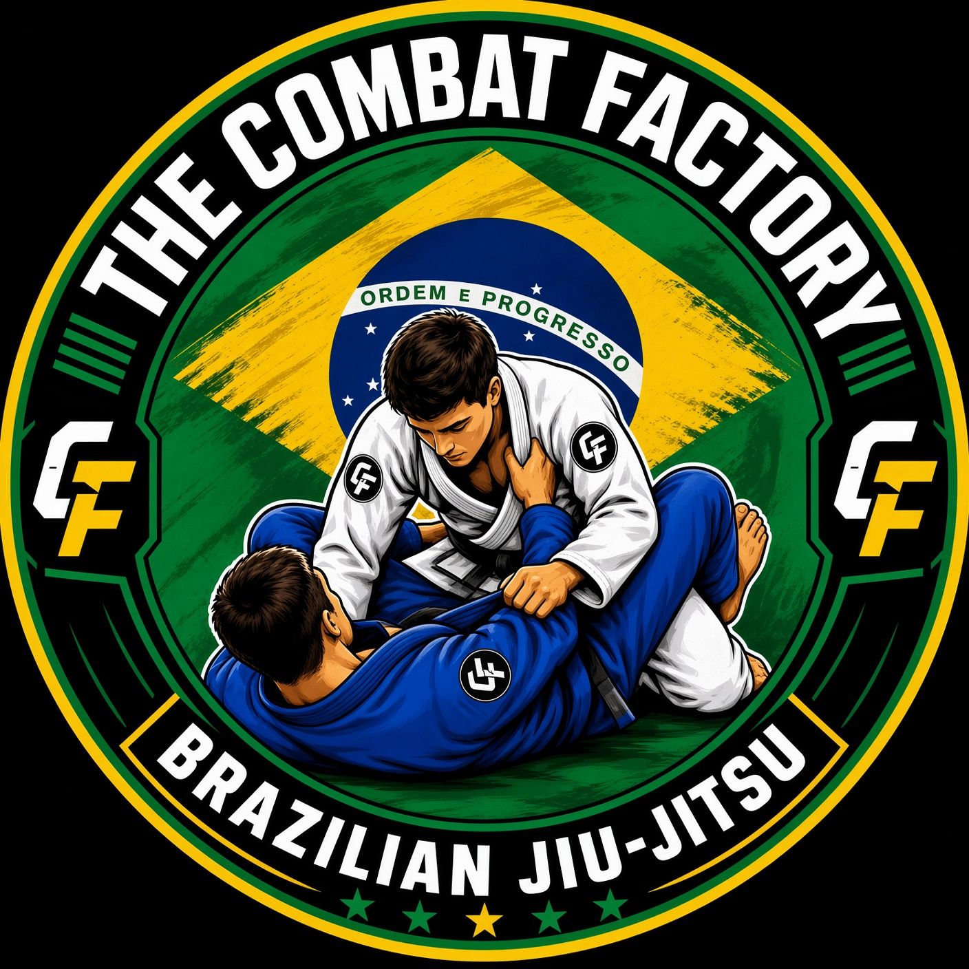 The Combat Factory Brazilian Jiu-Jitsu logo with two grapplers on a black and green circular emblem.