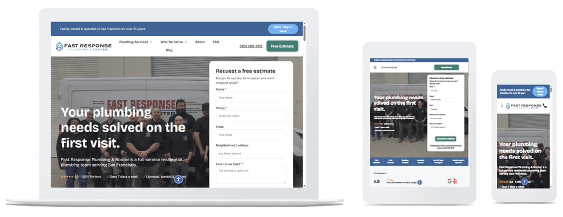 Fast Response Plumbing website across three devices