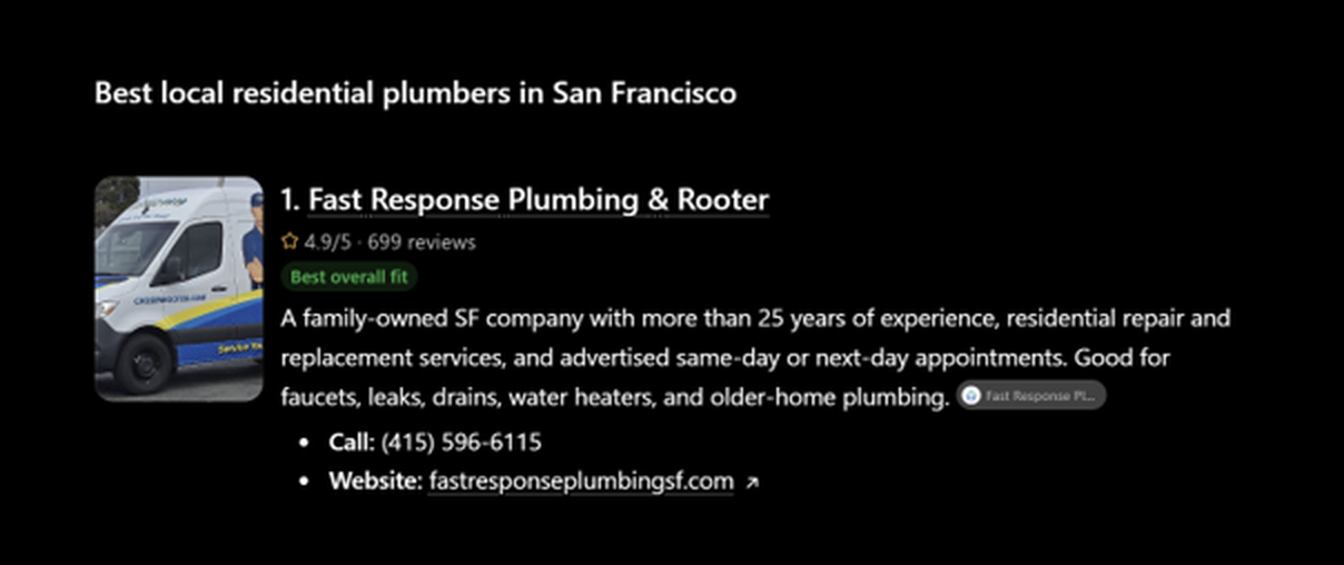 ChatGPT response listing Fast Response Plumbing & Rooter first among San Francisco residential plumbers, October 2026