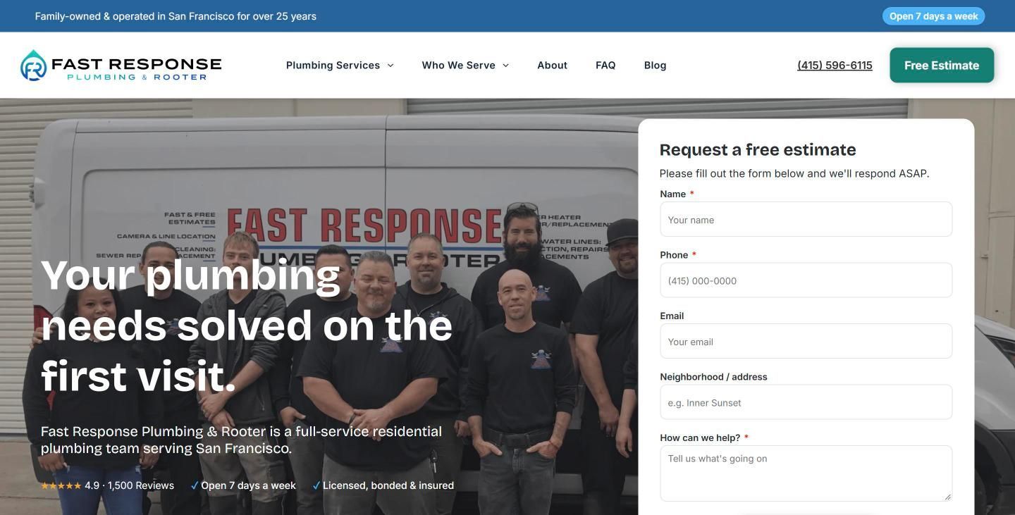 Fast Response Plumbing & Rooter homepage, a website built by Wannago Marketing Agency on Duda
