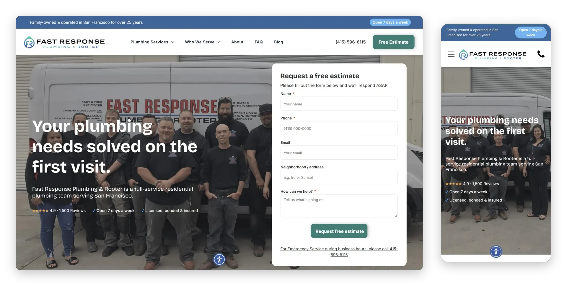 Fast Response Plumbing website shown on desktop and mobile, built from scratch by Wannago