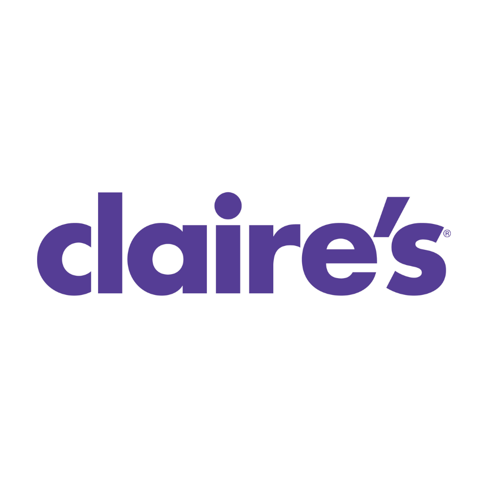 A purple logo for claire 's is on a white background.