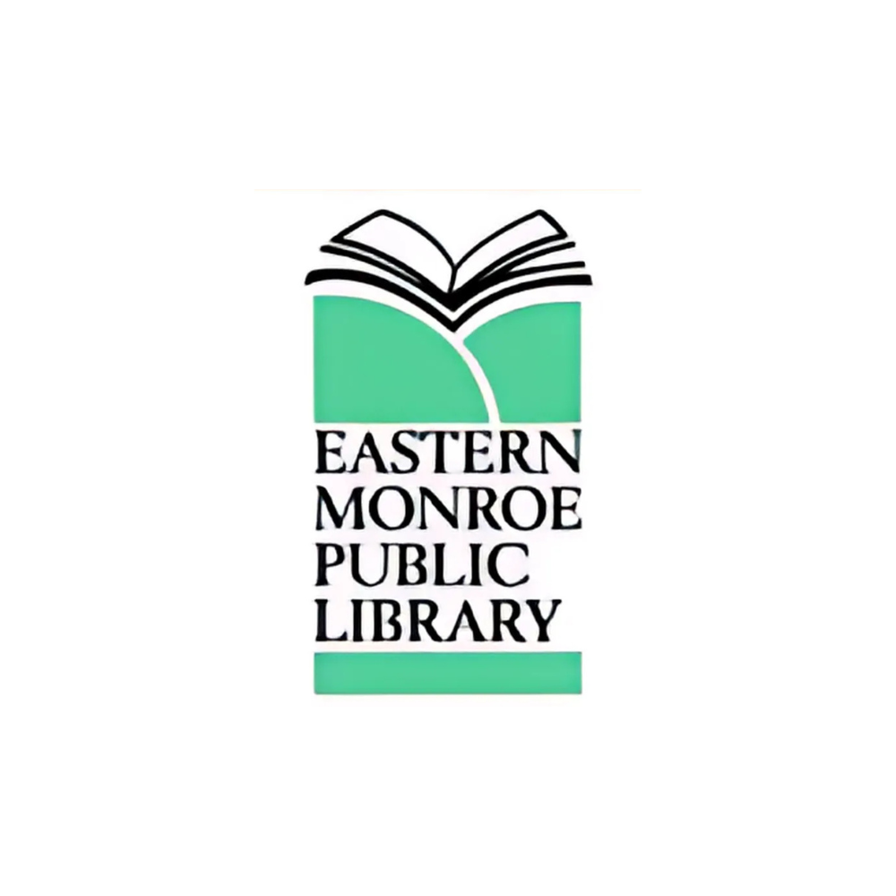The logo for the eastern monroe public library shows an open book.