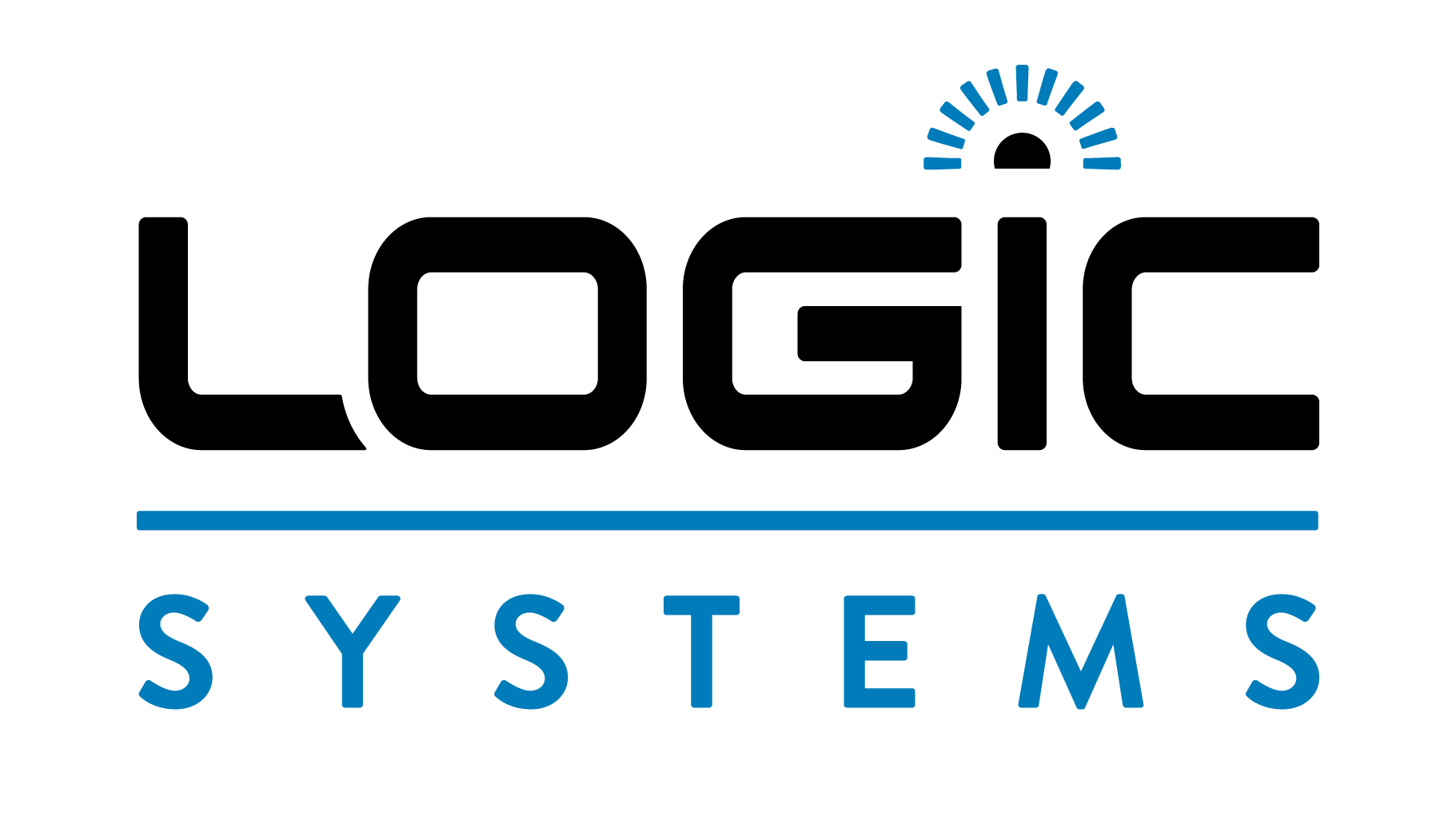Logo for Logic Systems, black text with a light above 