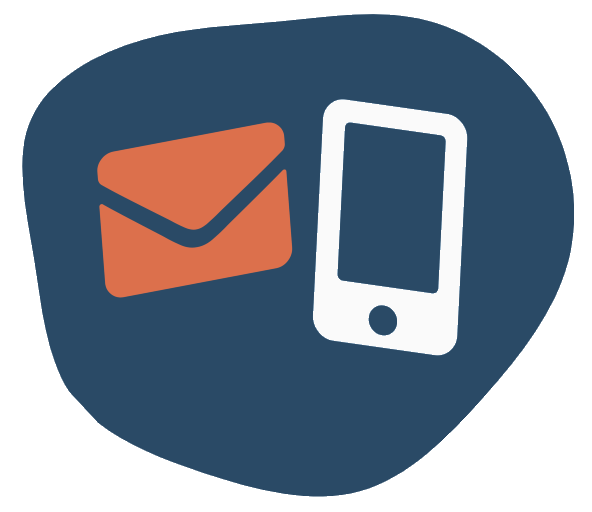 An envelope and a cell phone are on a blue circle.