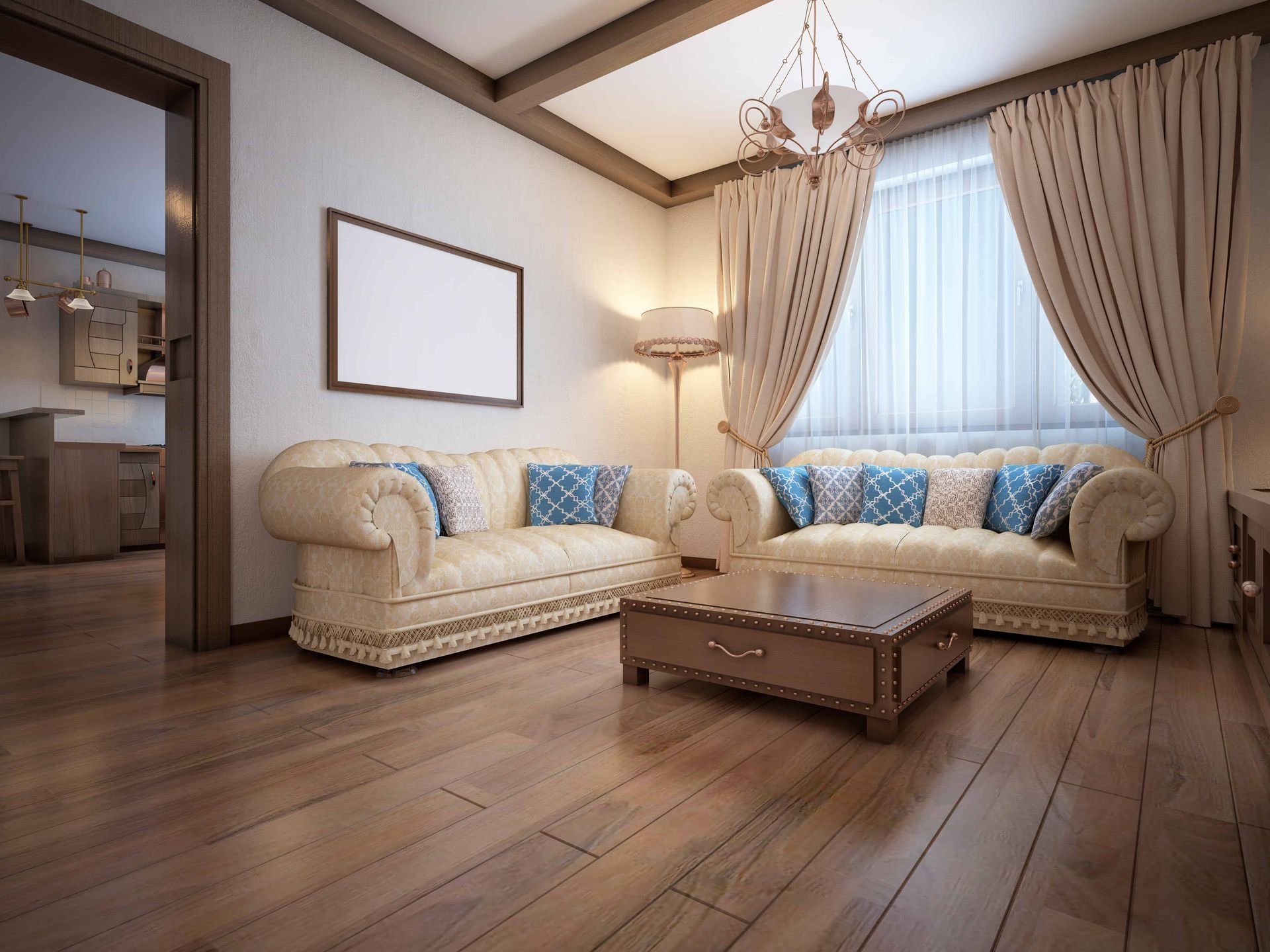 A classic hardwood floor in a living room