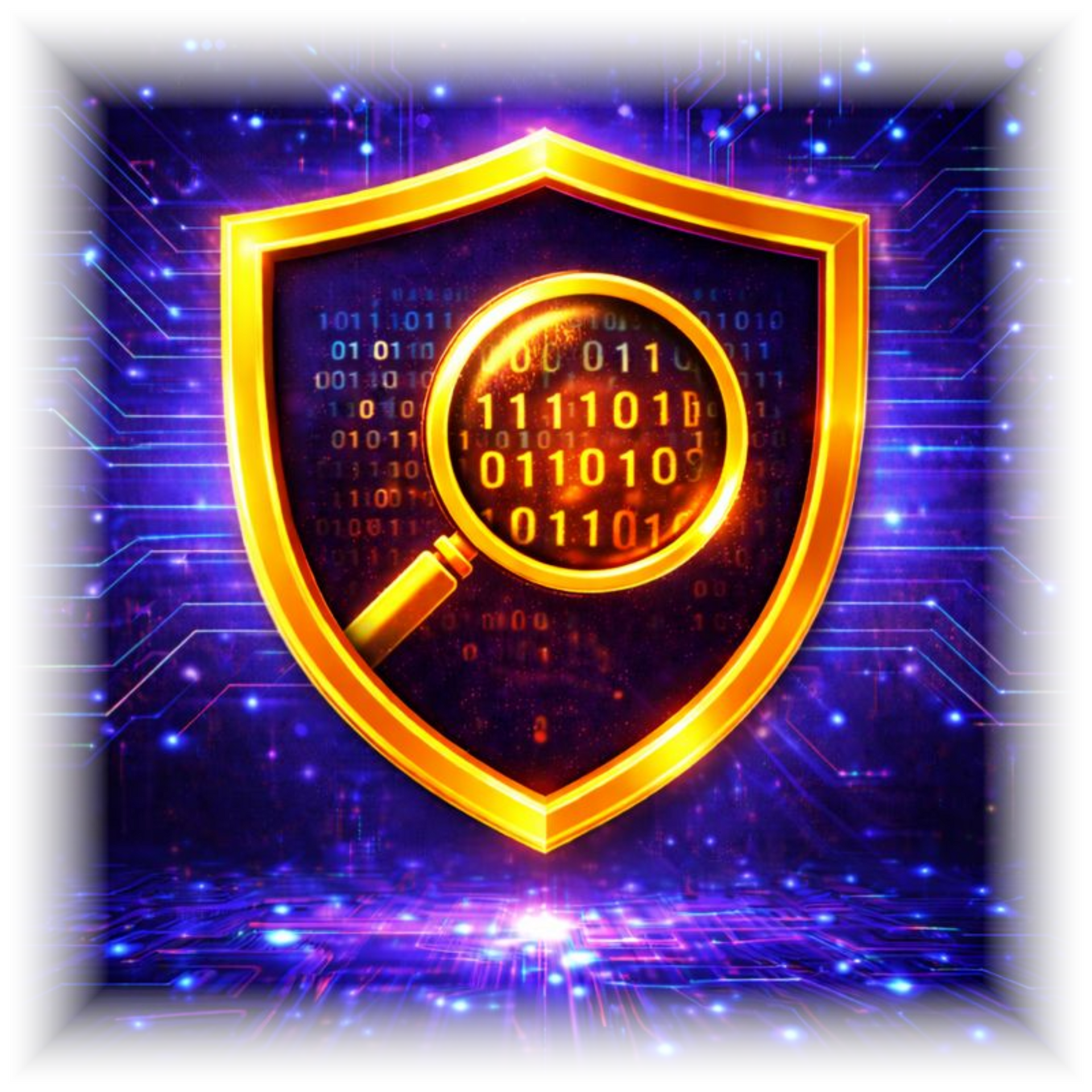 Glowing shield with magnifying glass over binary code on a purple digital background