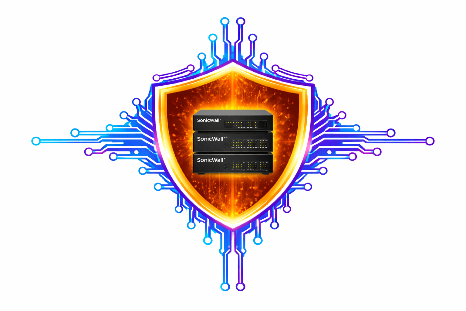 Glowing orange shield with circuit-board lines and a digital lock screen on a white background