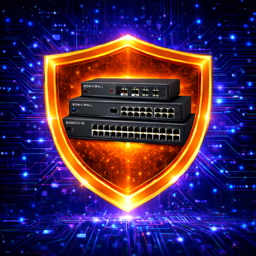 Glowing orange shield with three network switches on a blue circuit-board background