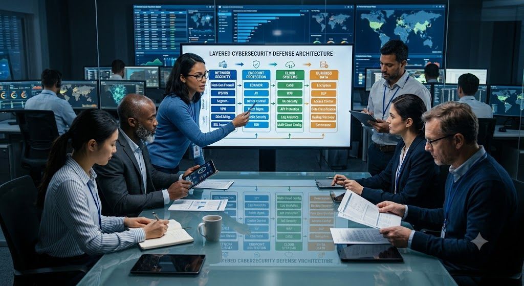 Layered cybersecurity strategy protecting networks, endpoints, cloud systems, and business data