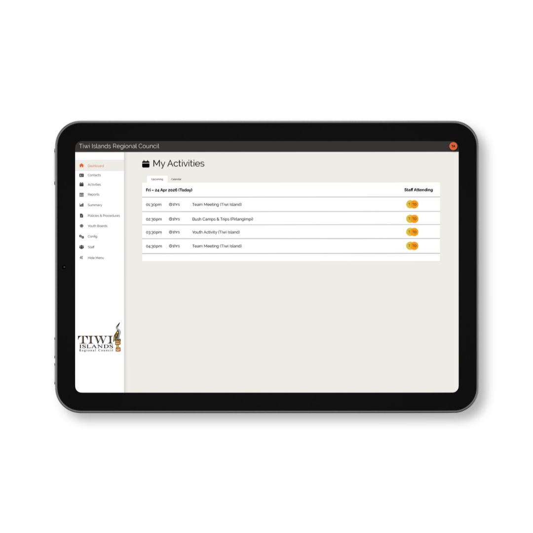 Tablet screen showing a web dashboard with a list table and orange action buttons