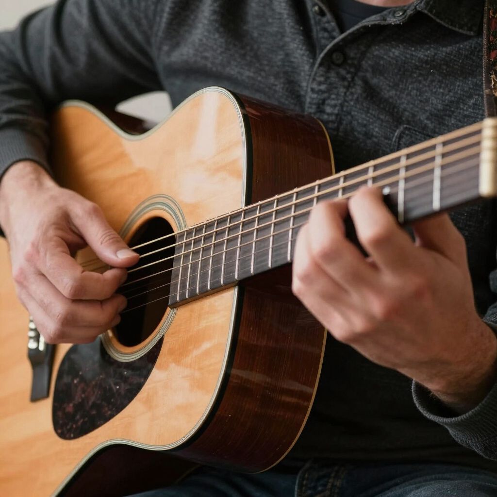 Primer plano de unas manos tocando una guitarra acústica en el interior.