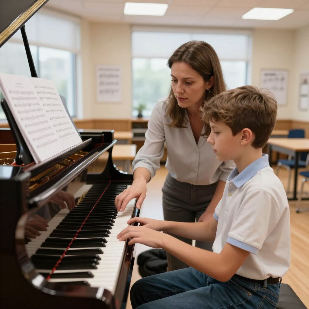 Profesora de piano guiando a un niño en un piano de cola en un aula de música luminosa.