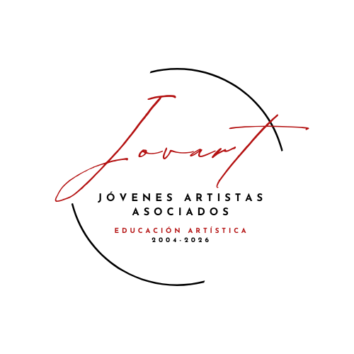 Logotipo para Jóvenes Artistas Asociados con letras rojas y detalles circulares negros sobre un fondo blanco.