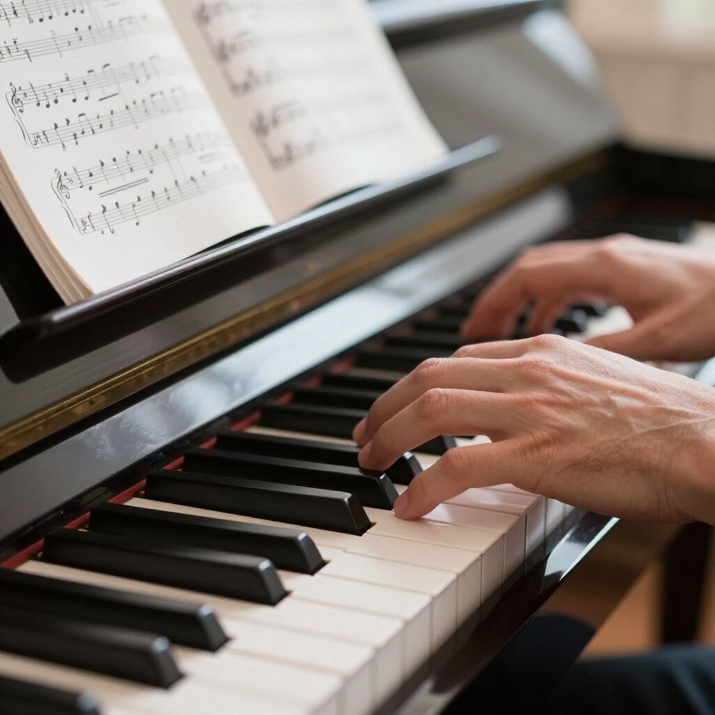 Manos tocando un piano con una partitura en el atril.