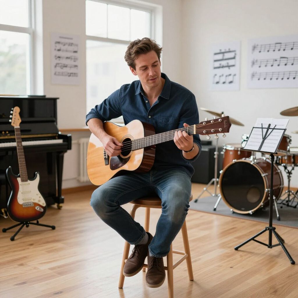 Hombre tocando la guitarra acústica en un taburete en una luminosa sala de música con piano y batería.