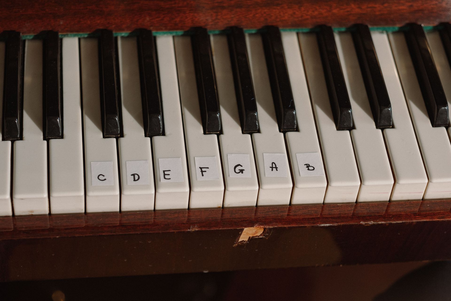 Manos tocando un piano con una partitura en el atril.