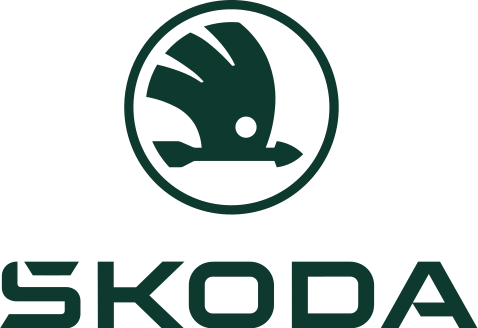 Logo Škoda: emblema a freccia alata verde sopra la scritta nera su sfondo bianco.