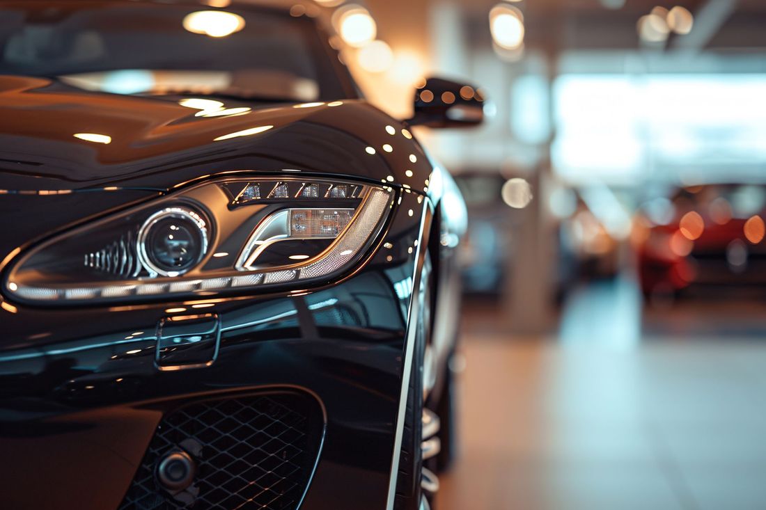 Primo piano del faro nero lucido di un'auto sportiva in uno showroom, con luci calde e sfocate sullo sfondo.
