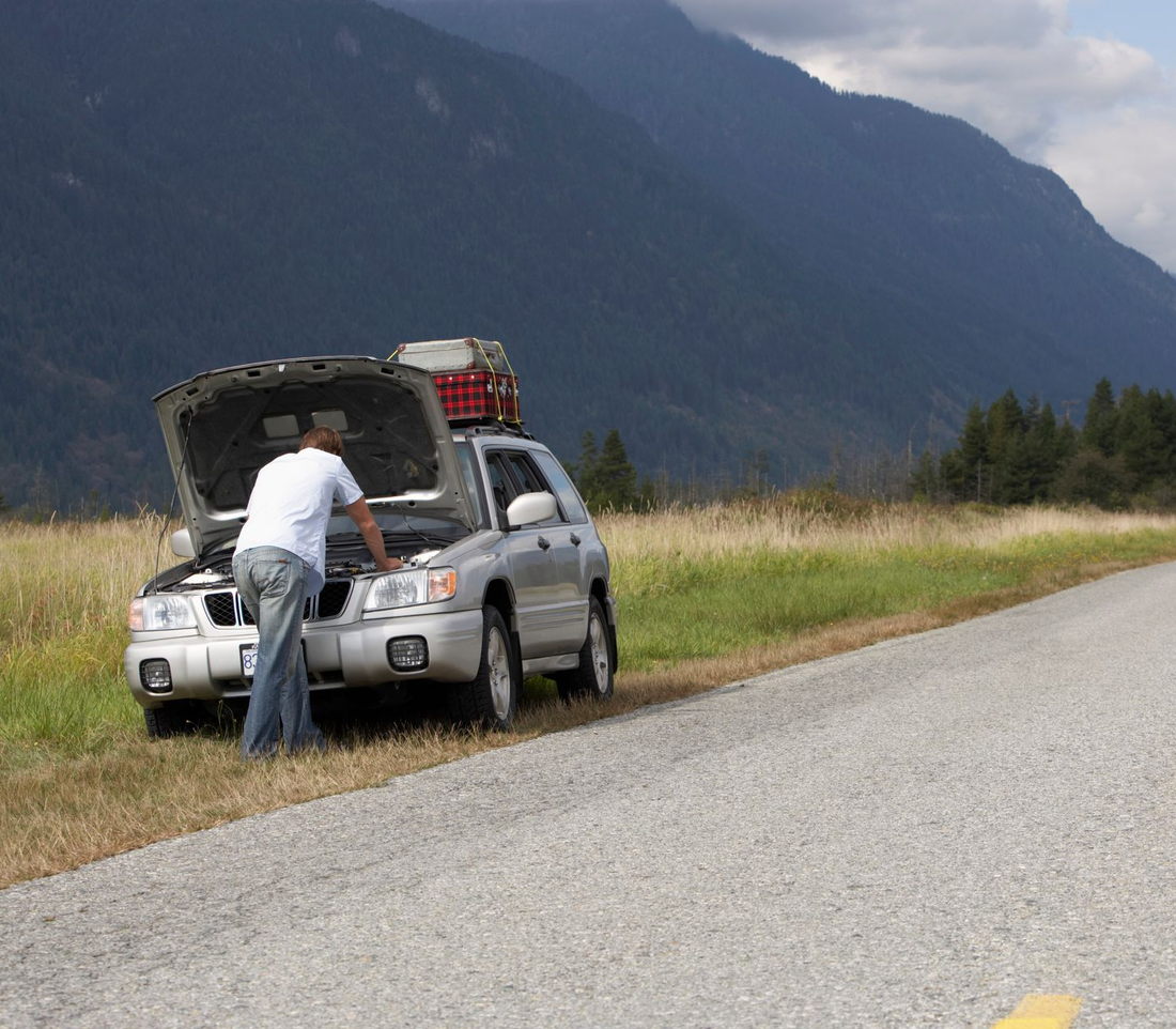 Una persona ispeziona un'auto argentata con il cofano aperto sul ciglio di una strada rurale vicino alle montagne.