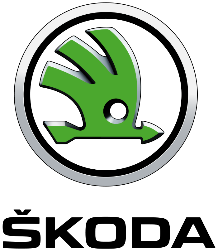 Logo Škoda: freccia alata verde in un cerchio bianco e nero sopra la scritta ŠKODA.