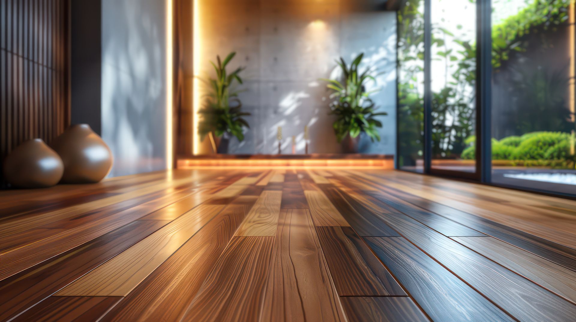 Une pièce vide avec un plancher en bois et des portes coulissantes en verre.