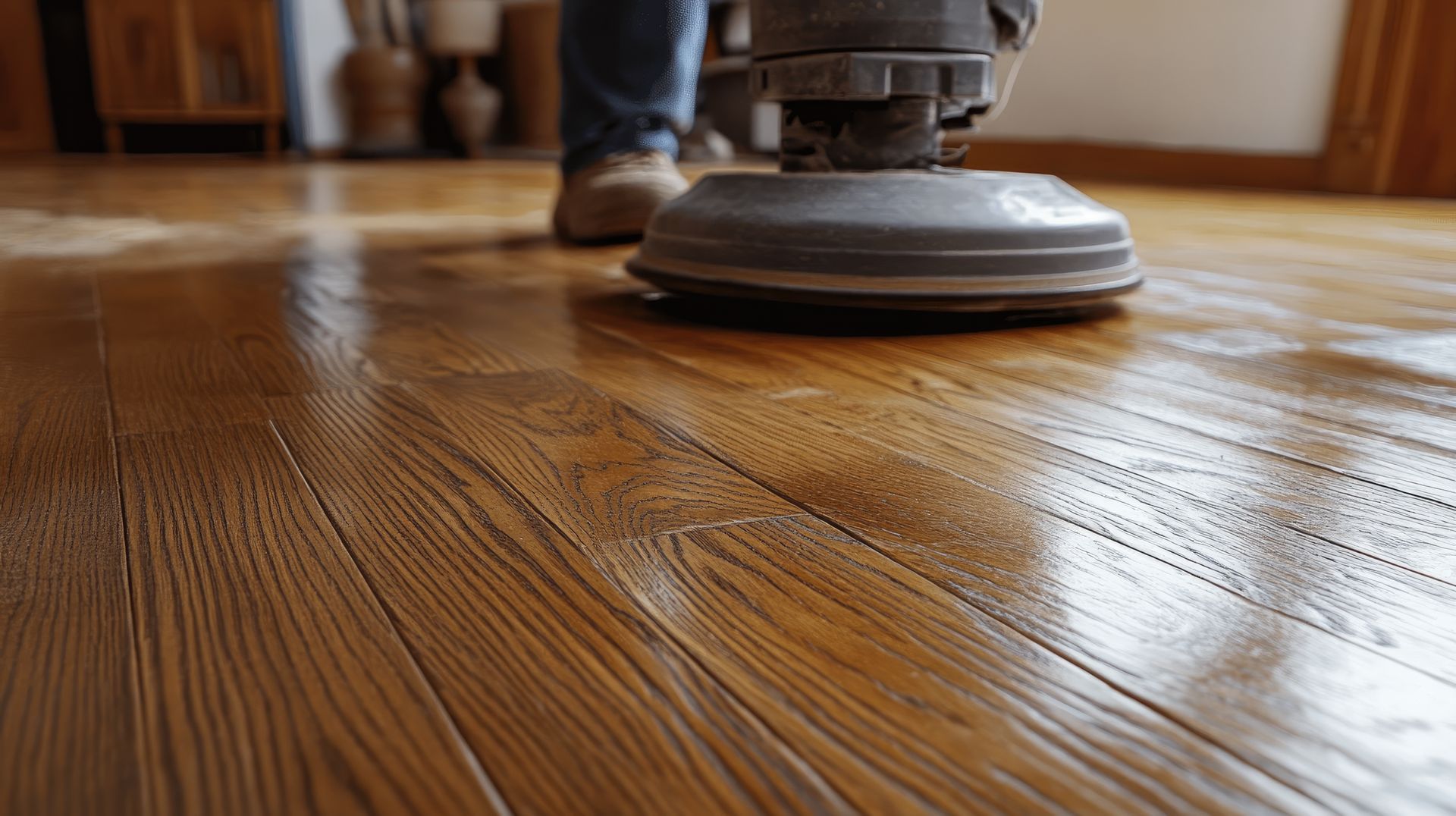 Une personne polit un plancher en bois avec un aspirateur.