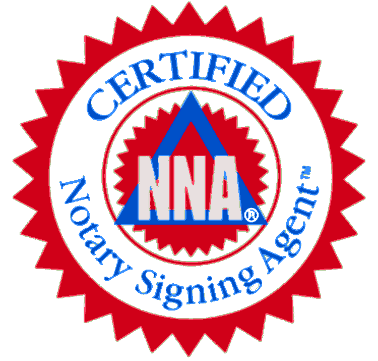 Certified Notary Signing Agent seal, red and blue, with NNA logo and text.